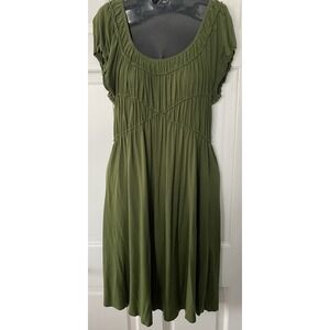 Max Studio Dress Womens SZ M Olive Green Smocked Midi Boho Cottagecore Flutter